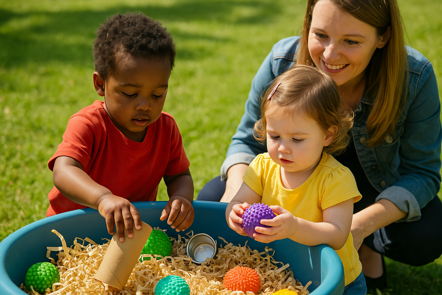 Young children exploring sensory toys in an outdoor activity bin